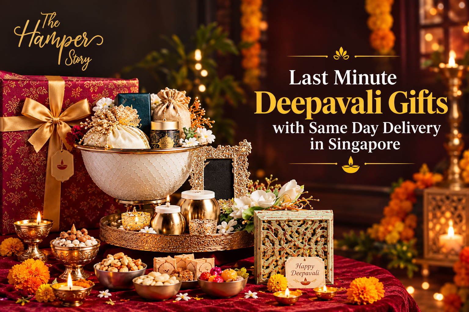 Last minute Deepavali gifts hamper with sweets, candle and diya ready for same day delivery