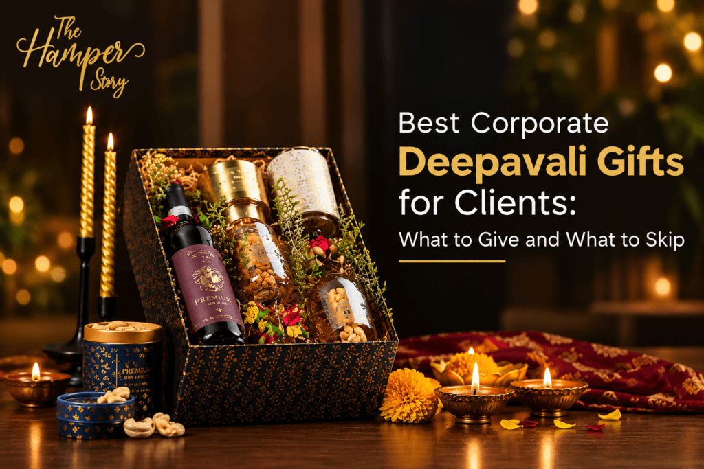 Best corporate Deepavali gifts for clients in a festive box with sweets, dry fruits and diyas